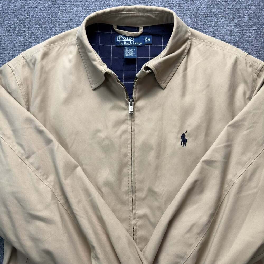 Polo Ralph Lauren Tan Beige Harrington Full Zip Jacket with Plaid Lining Size M